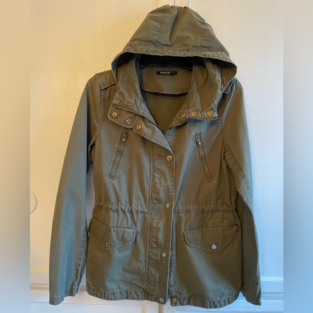 Hanger 221 Hoodie Jacket Olive Green Color Size S 100% Cotton w Waist Draw Tie